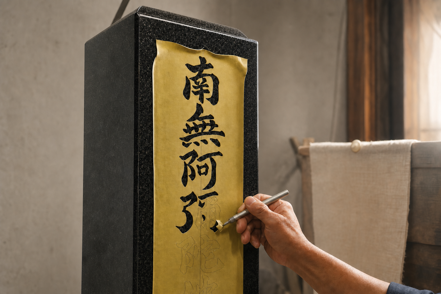 石材に文字を刻む職人の手元